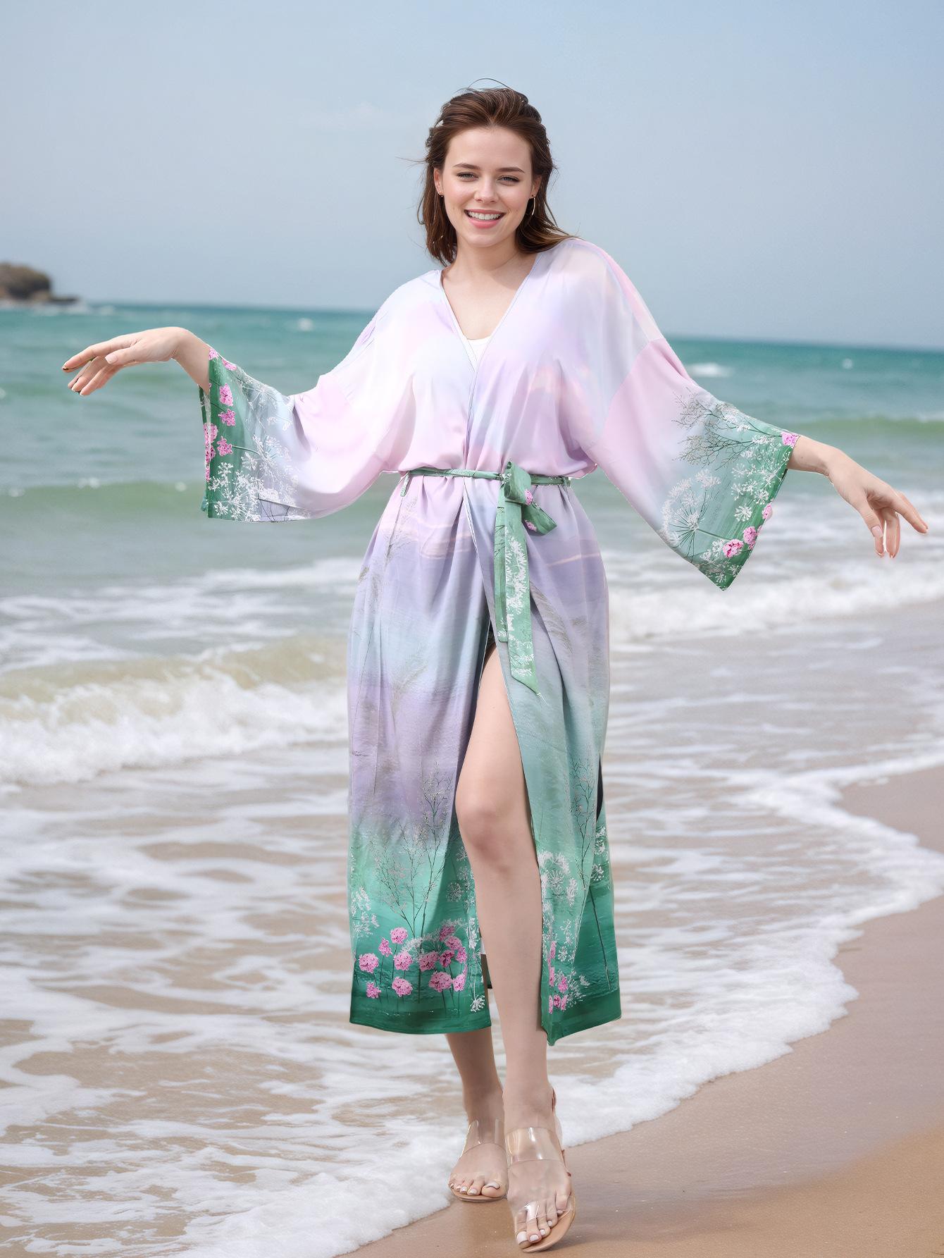 Women's Sheer Belted Kimono Beach Cover Up - Long Sleeve Floral Ombre Kaftan for Summer Vacation,#ResortWear, Poolside Outfits & Beachwear,Shirt-style beach cover-up, vacation bikini sunscreen shirt