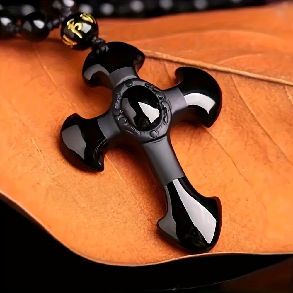 Natural Obsidian Cross Necklace for Men & Women - Black Stone Protection Amulet Pendant with Matching Beaded Chain, Spiritual Good Luck Charm, Negative Energy Cleansing Jewelry Gift