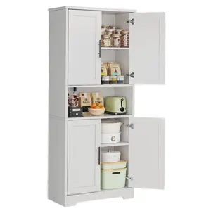 Modern 70 Inch Tall Kitchen Pantry Cabinet Freestanding Utility Storage Cupboard 4 Door Wooden Food Pantry Closet 5 Tier Adjustable Shelf Bookcase Media Console Chest For Dining Room Bathroom Garage Office Heavy Duty White Black