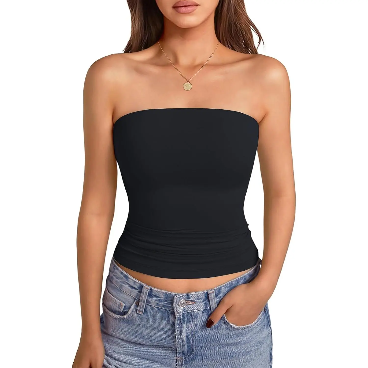 Womens Strapless Crop Top with Built in Bra and Tube Tank Top Cute Y2K Summer Fashion