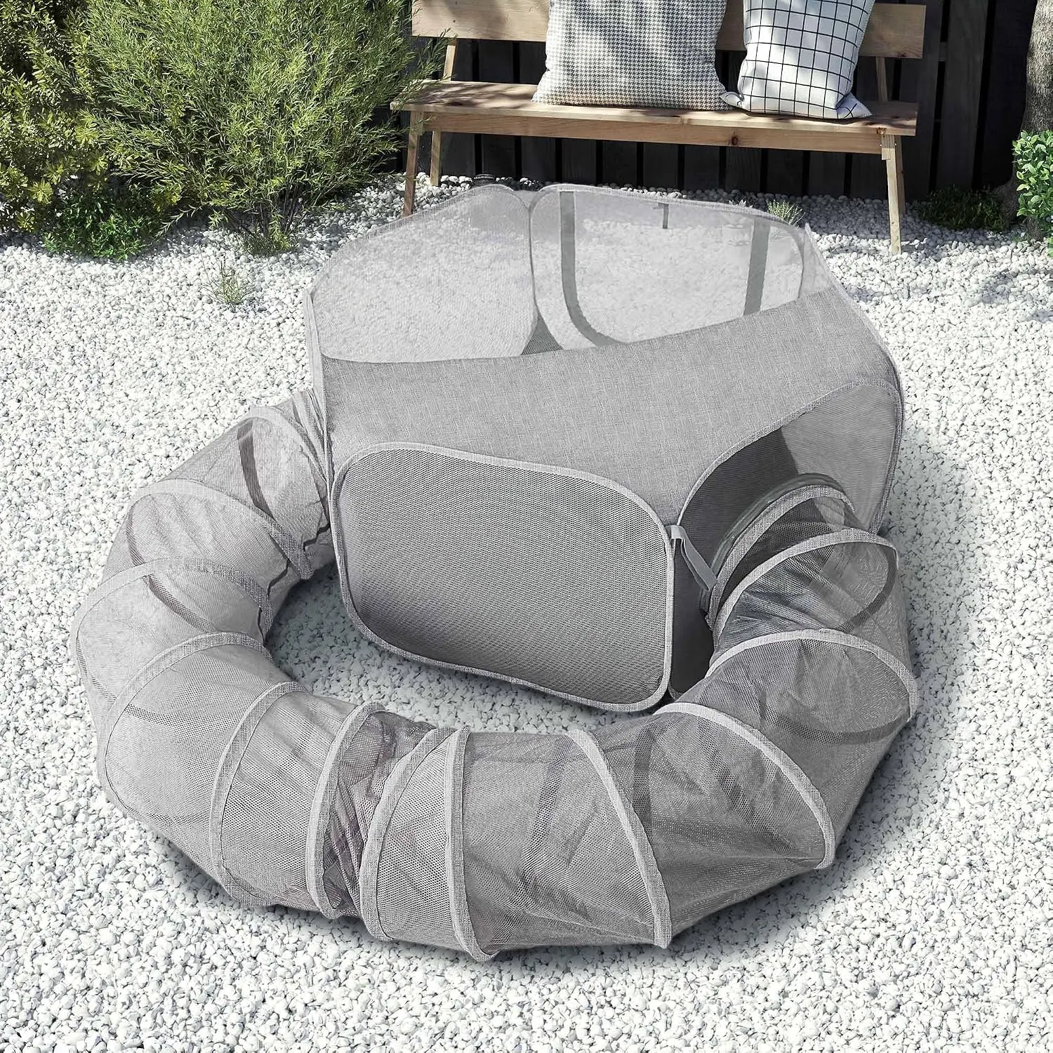 Portable Cat Play Tunnels, Catio Outdoor Enclosed Tent Playpen with Tunnel, Indoor Enclosure for Cats & Small Animals, Gray