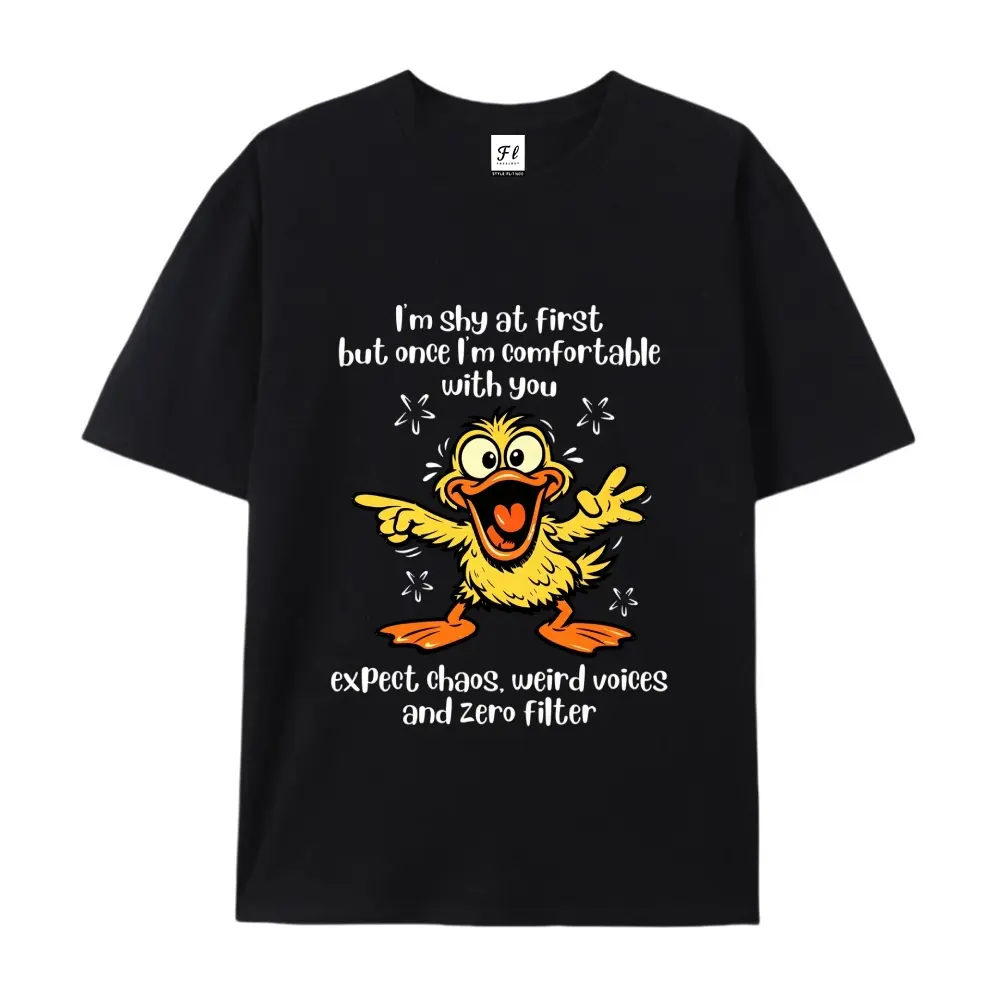 Shy At First Zero Filter Chaotic Yellow Duck Graphic T-Shirt, Funny Introvert Humor Unisex Cotton Tshirt