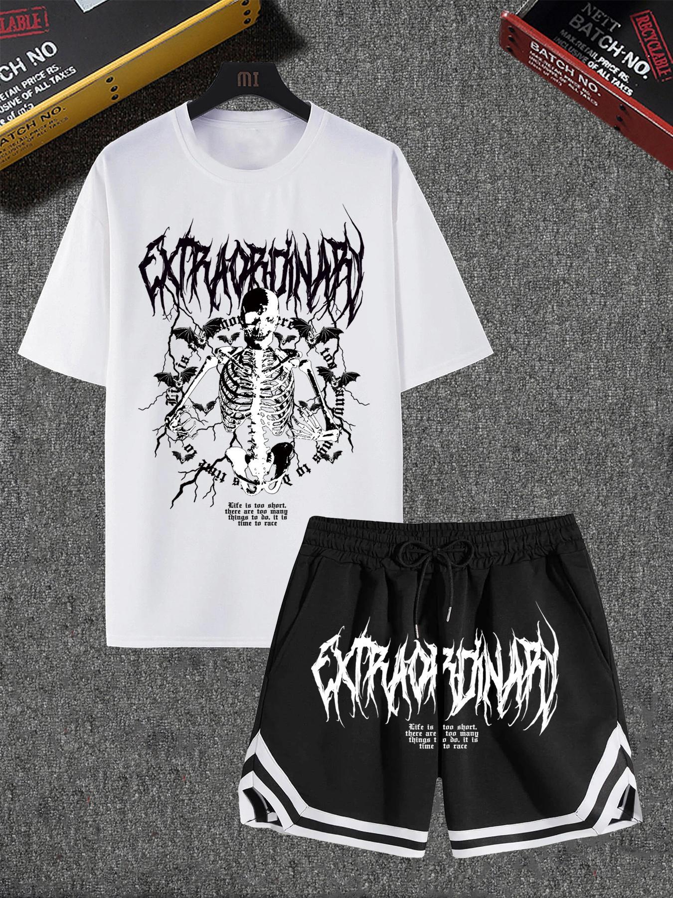 Two Counts Men's Graphic Drawstring Waist Design Two-piece Set, Casual Streetwear Regular Fit Short Sleeve Round Neck T-shirt & Pocket Shorts, Summer Outfits, Men's Clothes for Daily Wear, Clothing