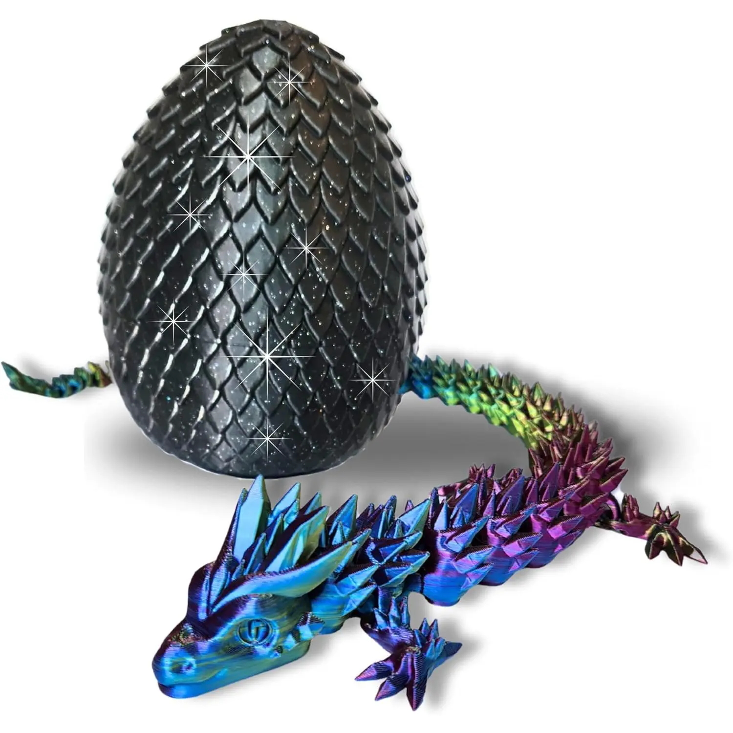 20" Articulated 3D Printed Dragon with Surprise Egg – Flexible Fidget Toy for Kids & Teens, Dragon Egg, Mythical Figurine (Rainbow with Black Egg)fidget toys
