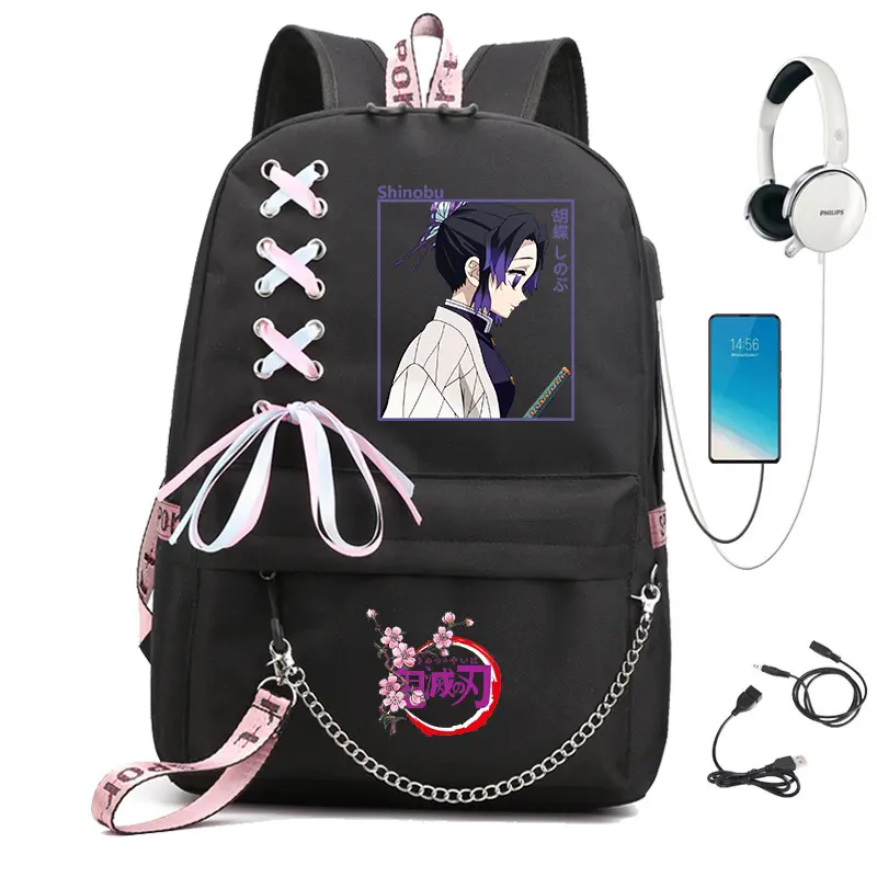 Demon Slayer Butterfly Shinobu Backpack, Anime Printed Student School Bag, Chain Design Casual Backpack for Middle High School Students