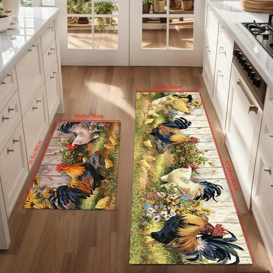 Easter Kitchen Mat Set 2pcs/3pcs, Farmhouse Kitchen Rug, Absorbent Lightweight Washable, Spring Home Decor, Easter Garden Rooster Pattern, Ideal Gift