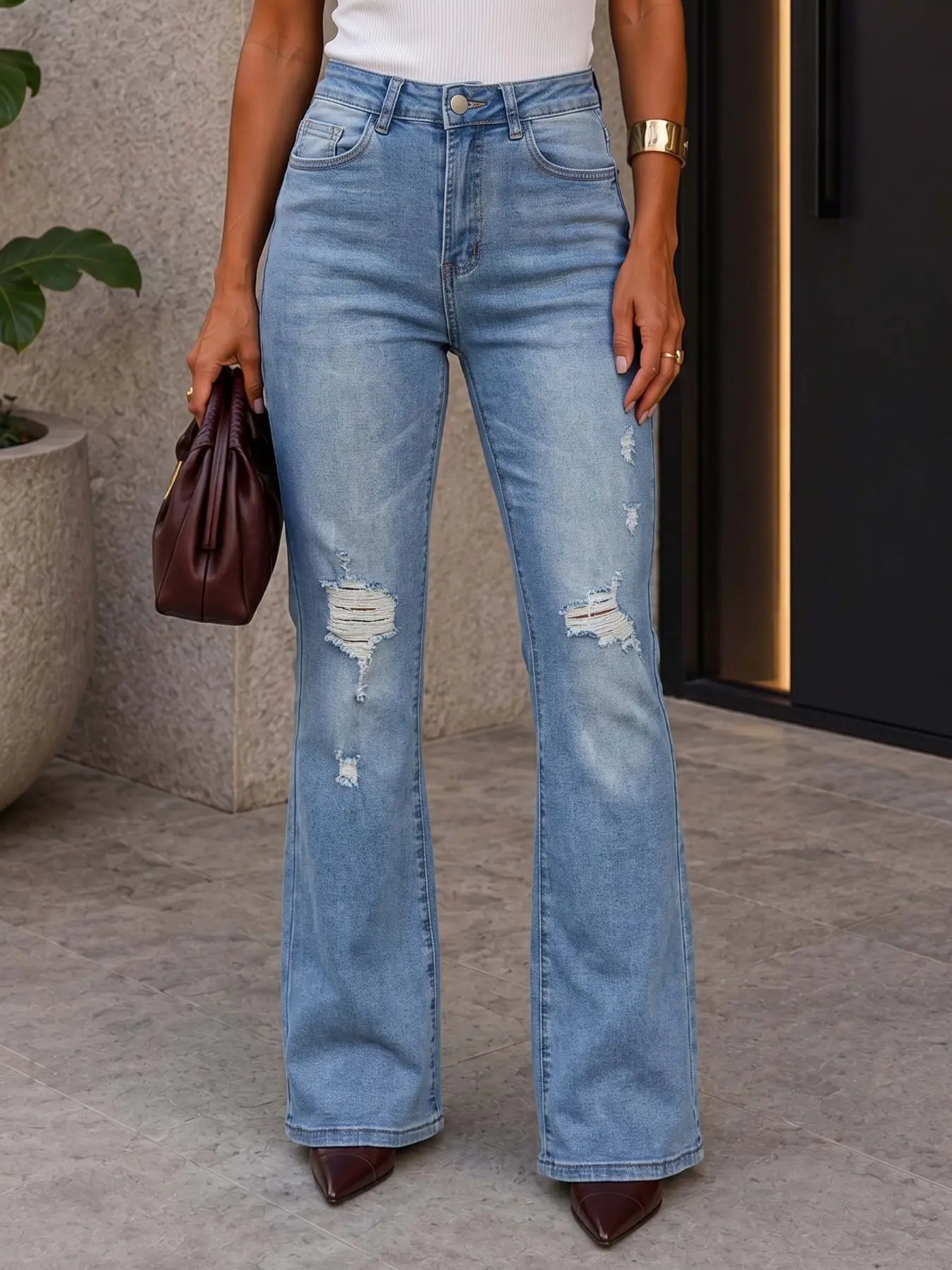 Women's Mid-Waist Ripped Micro Flare Jeans, Vintage Light Blue Washed Wide Leg Denim Jeans, Y2K Streetwear Slim Long Pants
