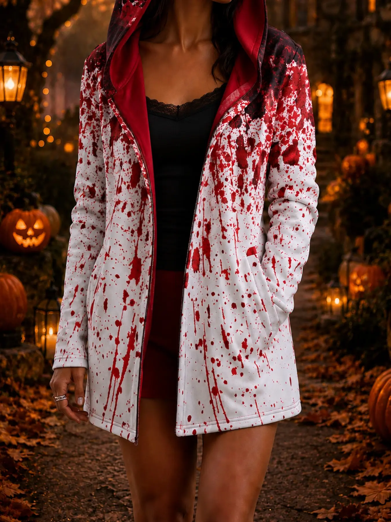 Halloween Costume Long Sleeve Jacket, Bloodstain Design, Loose Fit, Fall & Winter, Street Style, All over Print, Pockets, Unlined