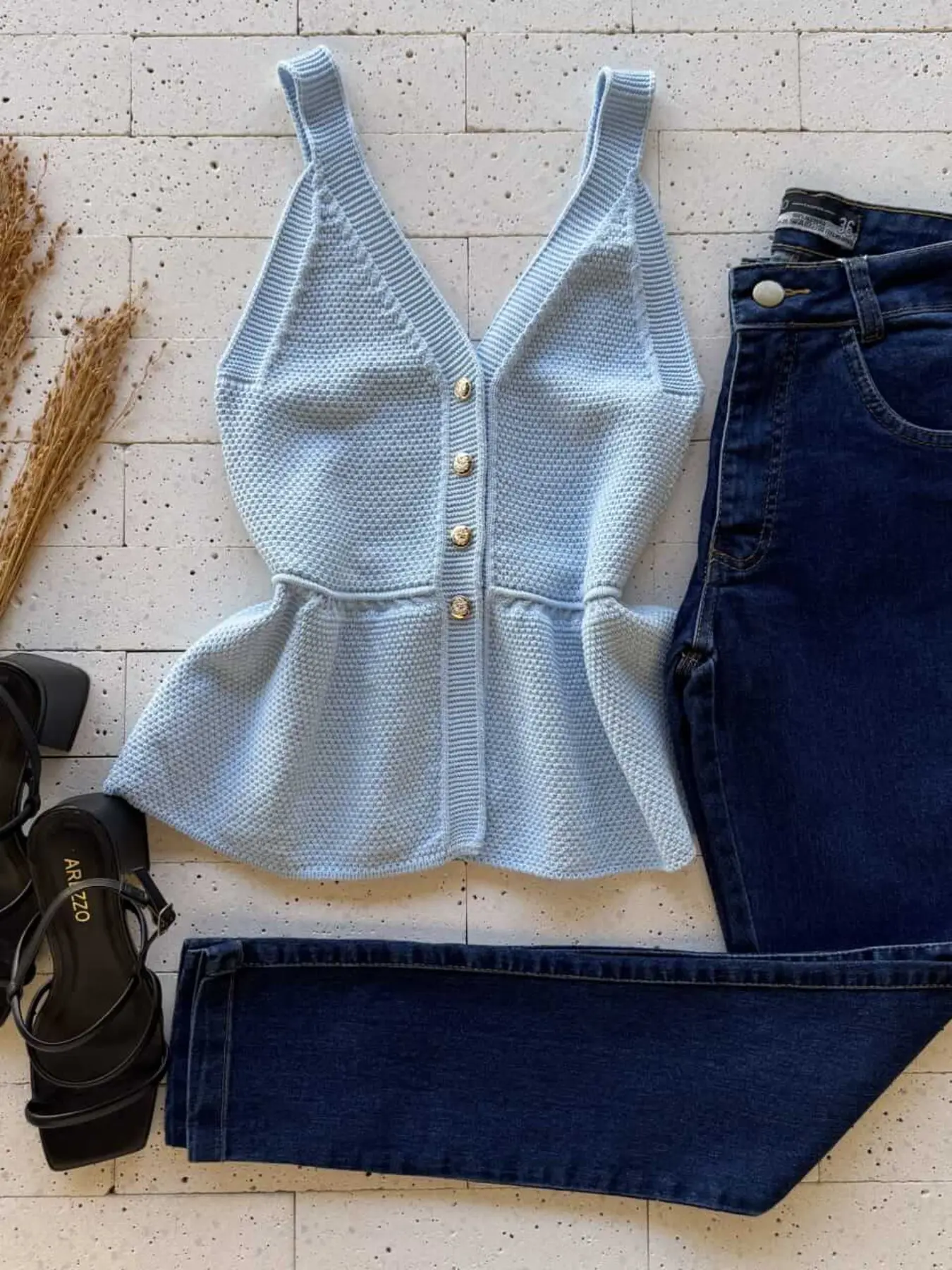 Women V Neck Feminine Waffle Knit Soft Cami Top Single Breasted Gold Buttons Peplum Hem Sleeveless Spaghetti Strap Slim Fit Summer Flared Knit Tank Blouse