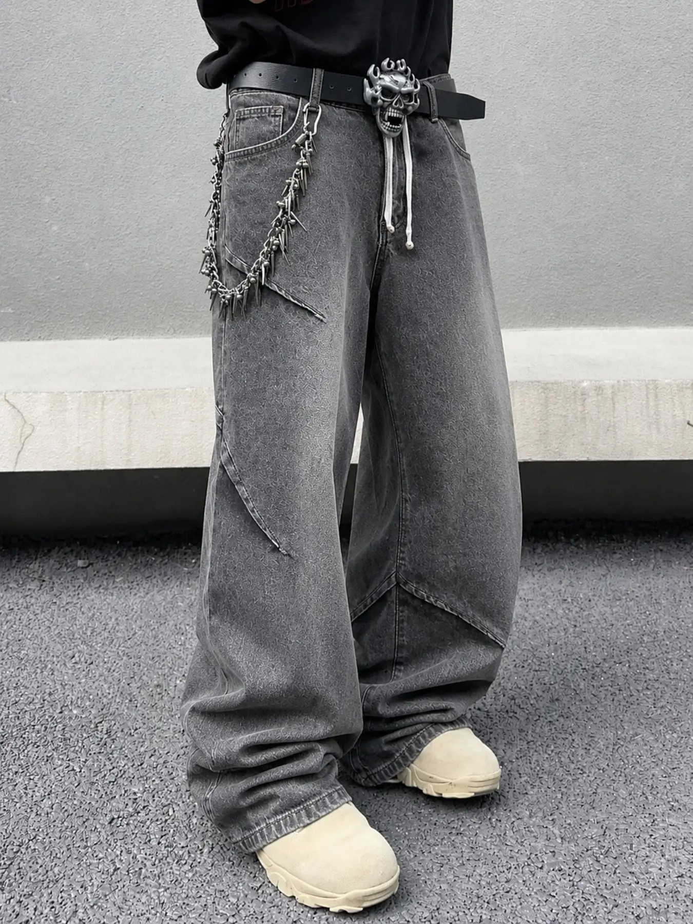 Men’s Light Blue Washed Jacquard Baggy Jeans with Drawstring Waist and Asymmetric Panel Details, Wide Leg Streetwear Denim Pants
