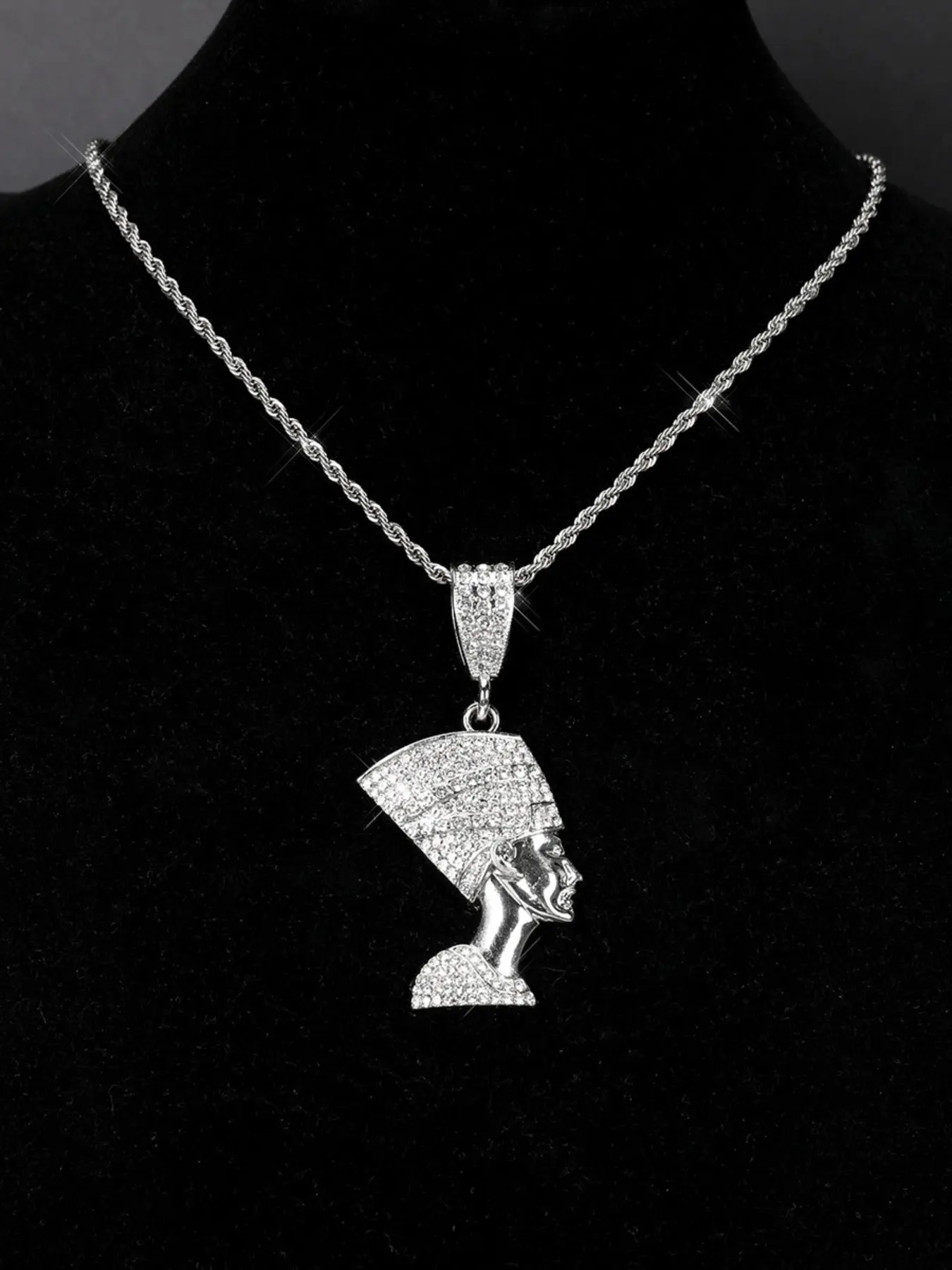 Ancient Egyptian Cleopatra Full Diamond Pendant Gold Chain, Dense Setting, Alternative Vintage High-End Necklace Jewelry