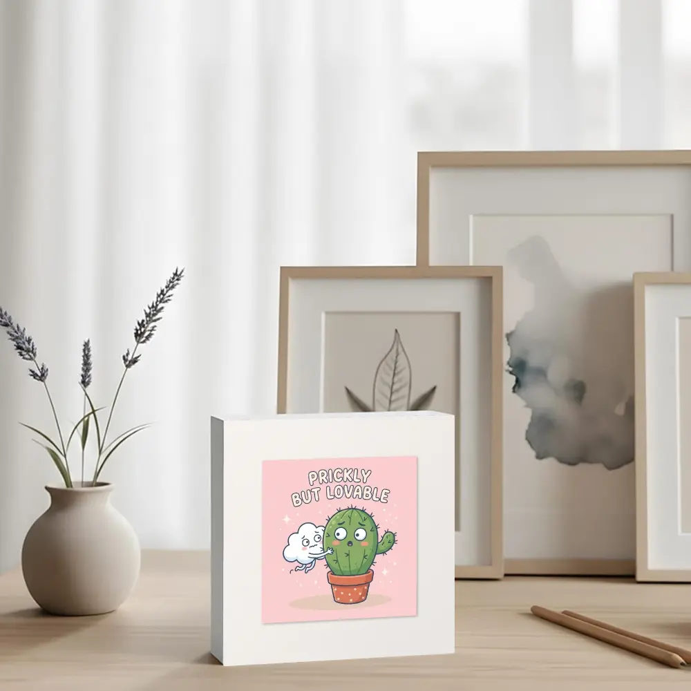 1 Pvc Desk Sign, Cute Green Cactus With Cloud And Prickly But Lovable Text, Pink Background Cartoon Style, Office Home Living Room Decor, Desktop Shelf Display
