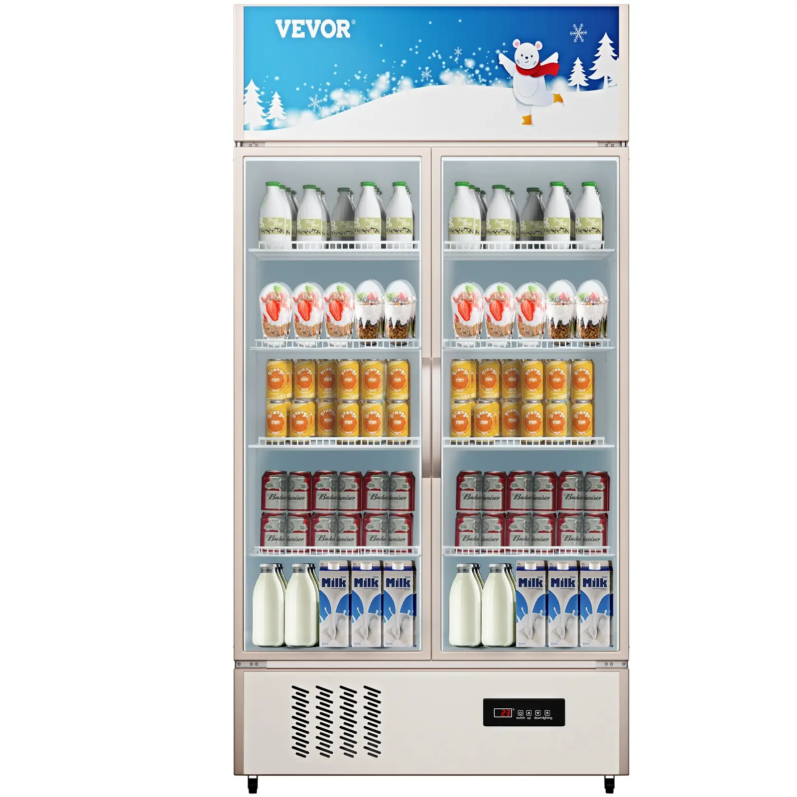 【Summerfinds】VEVOR 23 cu. ft. Double Swing Glass+Alloy Door Commercial Refrigerator - LED Lights Upright Beverage Cooler, Display Fridge for Restaurant, Game Room, Dorm Customers, Home Use, Apartment