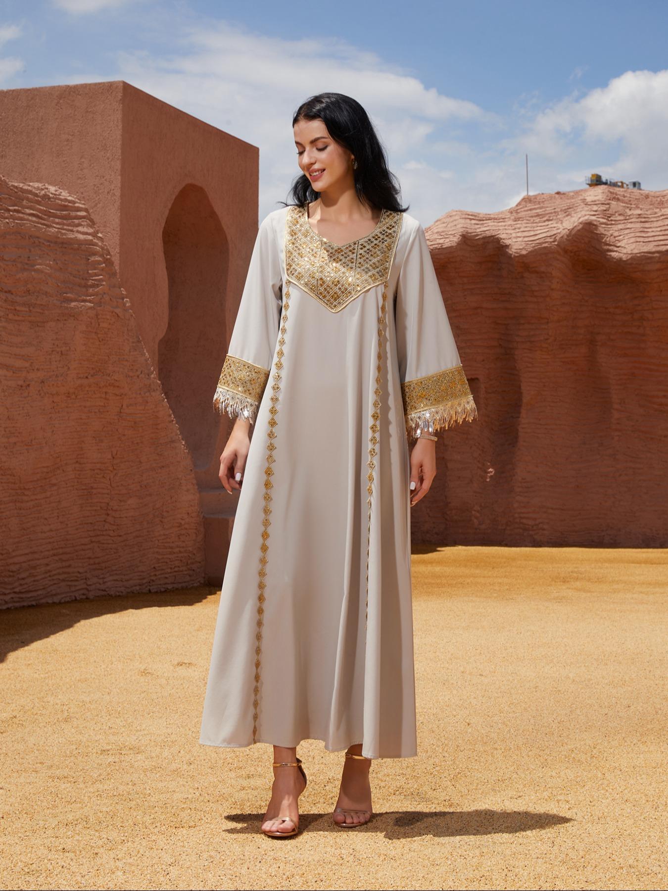 Women's Luxury Arabic Embroidered V Neck Long Sleeve Evening Dress ...