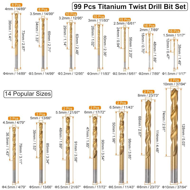 High-Speed Steel Titanium-Plated Drill Bit Tool Set, 99pcs/set Straight Shank Twist Drill Bit Kit, Woodworking Drill Bit Set