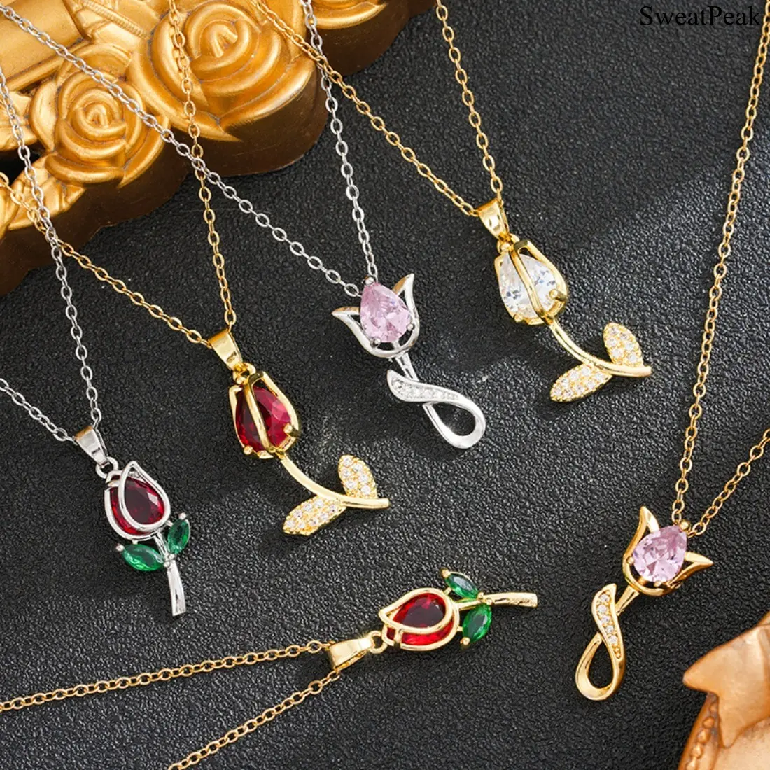 Hot-selling zircon tulip necklaces for women, unique, sweet, fashionable, versatile, niche light luxury necklace wholesale
