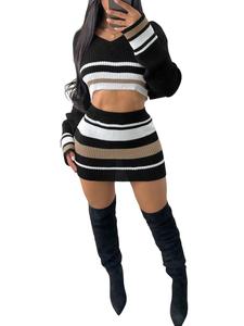 two-piece set women's colorblock print v neck crop sweater & bodycon knitting skirt, casual fashion cozy knitwear set for daily outdoor wear, women knitwear for fall & winter
