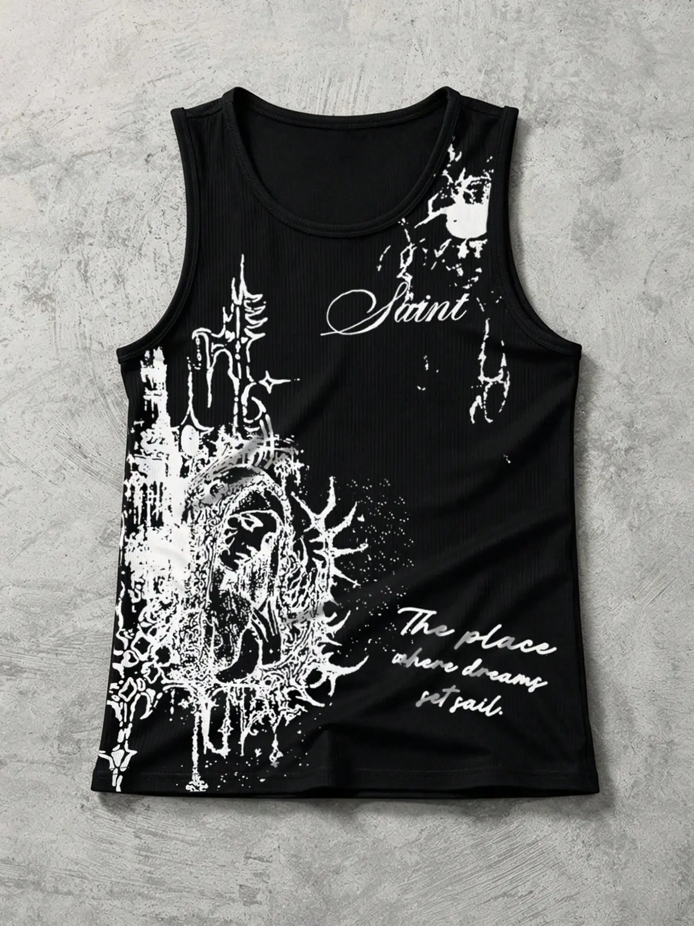 Men's trendy TikTok Y2K Gothic ribbed tank top, distressed Virgin Mary print sleeveless shirt, slim fit street style dark aesthetic casual sporty summer vest, fashionable alternative punk hip-hop everyday outfit #SummerGothicTank