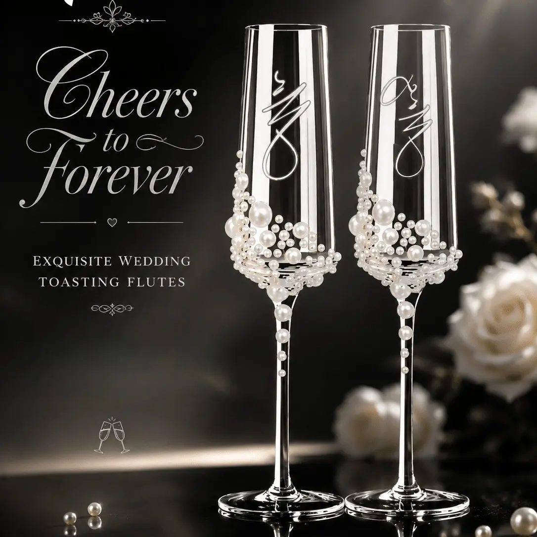 Elegant Pearl Design Champagne Glasses, Crystal Toasting Flutes, Perfect for Weddings, Engagements, Pre-Wedding Parties, Gift Set of 2