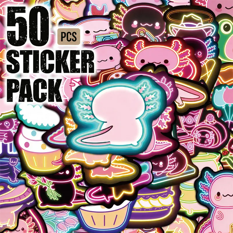 50pcs*5packs Neon Axolotl Aesthetic Vinyl Stickers Pack for Laptop Water Bottle Phone Case Skateboard Journal Scrapbook DIY Decoration