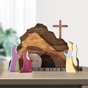 Easter Scene Wooden Decorations Empty Tomb Easter Resurrection Scene Set with Cross Decoration, Religious Christian Jesus Nativity Decor for Home Table Office