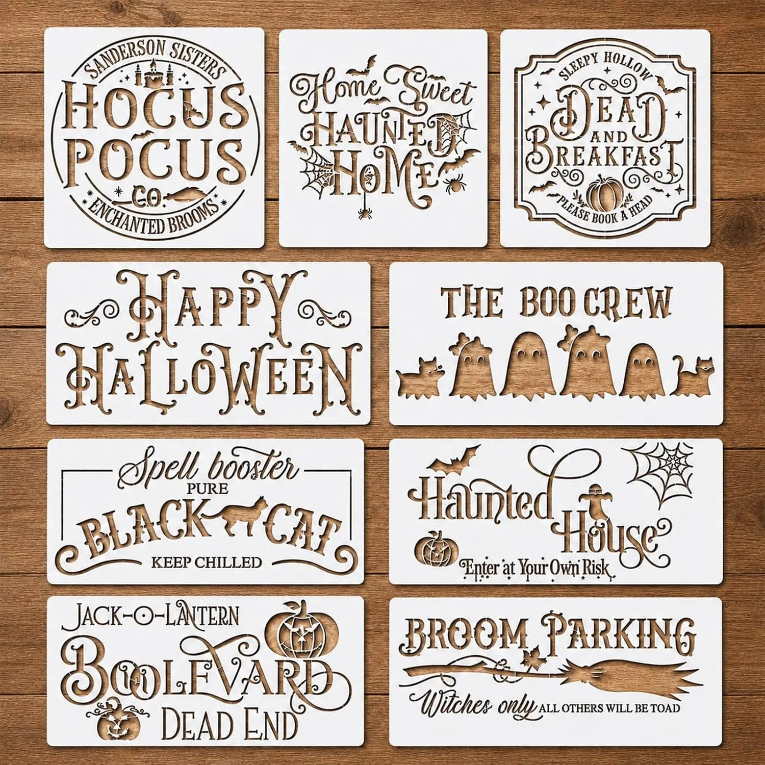 9Pcs Halloween Stencils for Painting on Wood Reusable Hocus Style Pocus Boo | Family Draw Templates Halloween Doormat Stencils for Wood Signs Walls Windows Fabrics T-Shirt DIY Crafts Decor