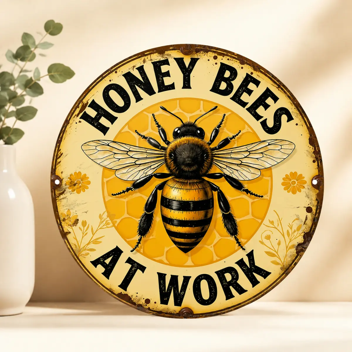8X8 Inch Bee Metal Sign, "Bees At Work" Round Wall Decor, Honey Bee Garden Plaque, Farmhouse Home Decoration for Kitchen, Porch, Garden & Outdoor Space
