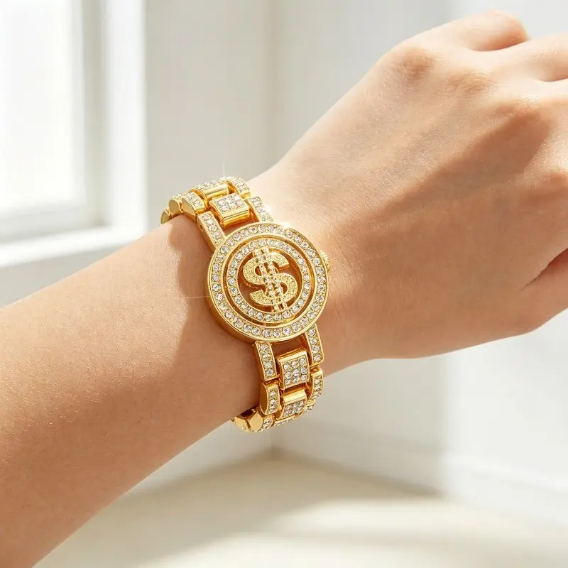 New Fashion Gold-Plated Alloy Strap Dollar Sign Charm Bracelet - Sparkling Rhinestone Iced-Out Hip Hop Streetwear Wrist Jewelry with Clasp Closure, Men's Accessories & Accessories for Women, Rhinestones, Unisex, $ Symbol, Dollar Charm, Link Strap, Stackab