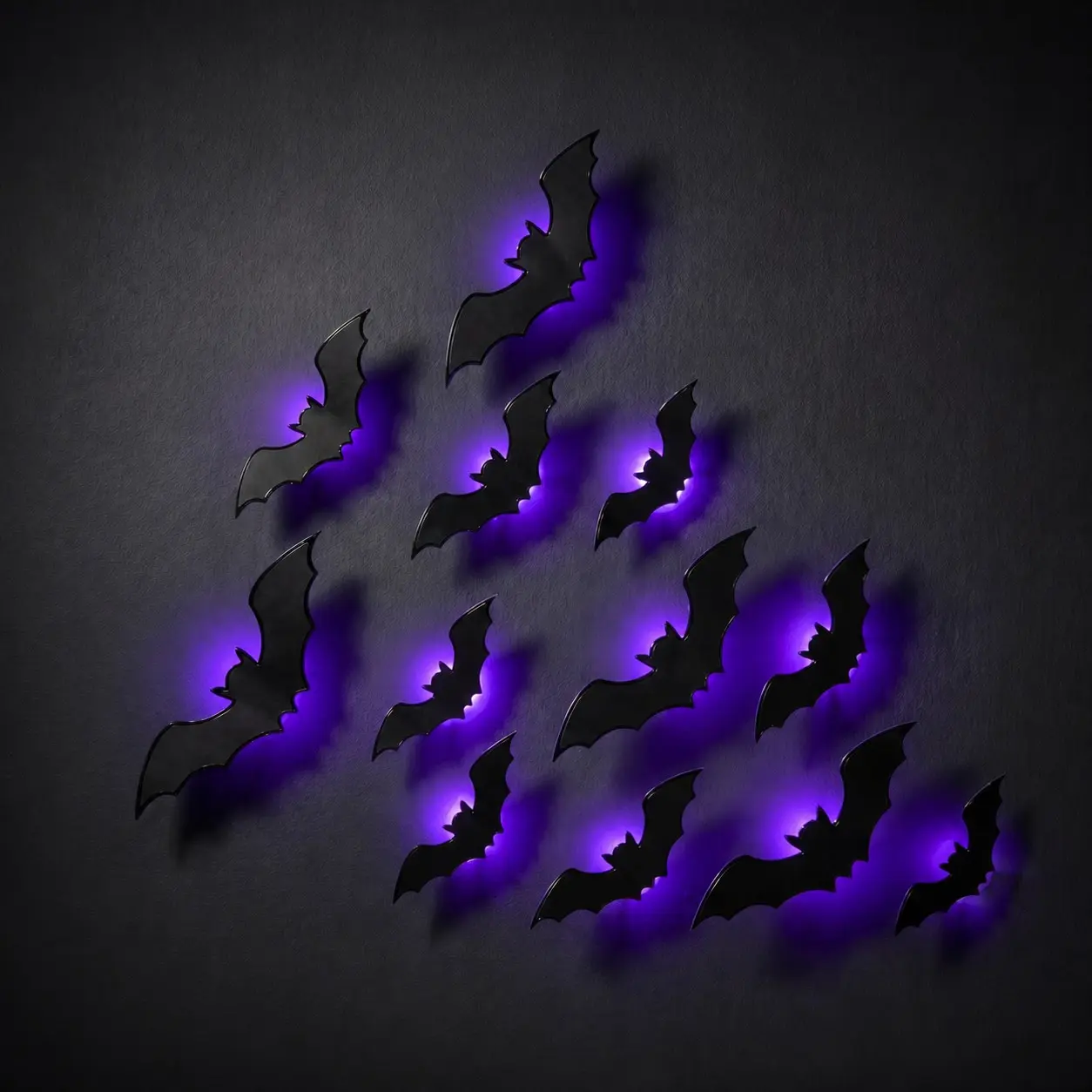 12pcs Set 3D Glowing Bats Wall Stickers, Spooky Gothic Halloween Aesthetic Decals with Purple Backlit Up Feature, for Home Bedroom Kids Room Haunted House Holiday Party Decor Supplies