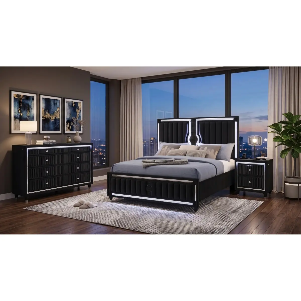 Aobtkel King Size 3-Piece Modern Bedroom Furniture Set - LED Upholstered Bed Frame, 2-Drawer Nightstand, Dresser, Black Velvet Channel Tufted, USB-A/USB-C Ports, Crystal Knobs, Tempered Glass Tops, Matching Bedroom Sets, LED Lighting
