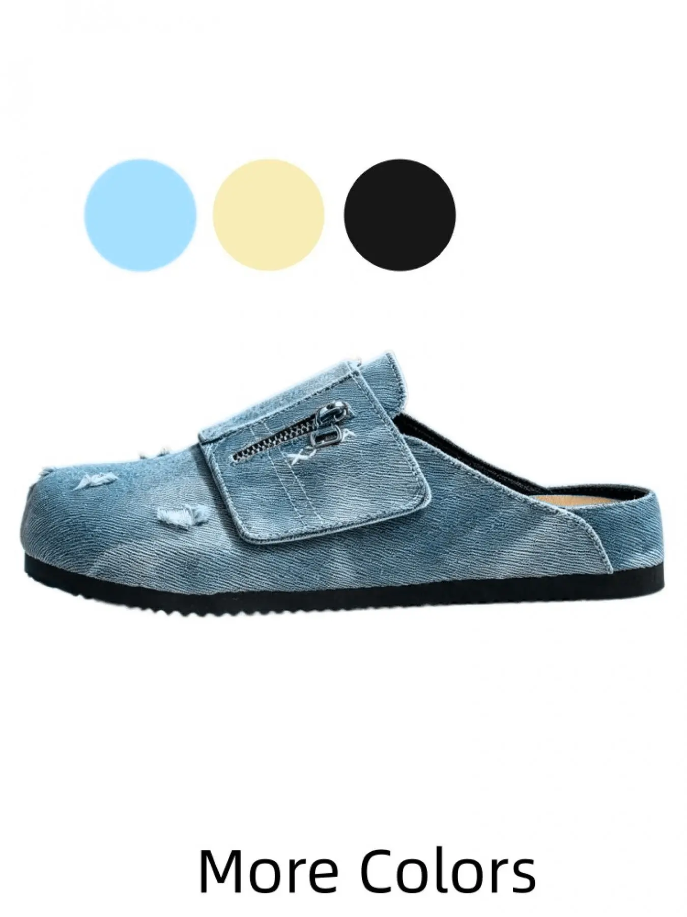 1 Pair Men's 3-Color Vintage Denim Mule Slides Footwear Distressed Ripped Washed Denim Zipper Decor Hook & Loop Lazy Mules Size 39-45 Vacation & Travel - 3 Color Options, Great for Vacation Outfits