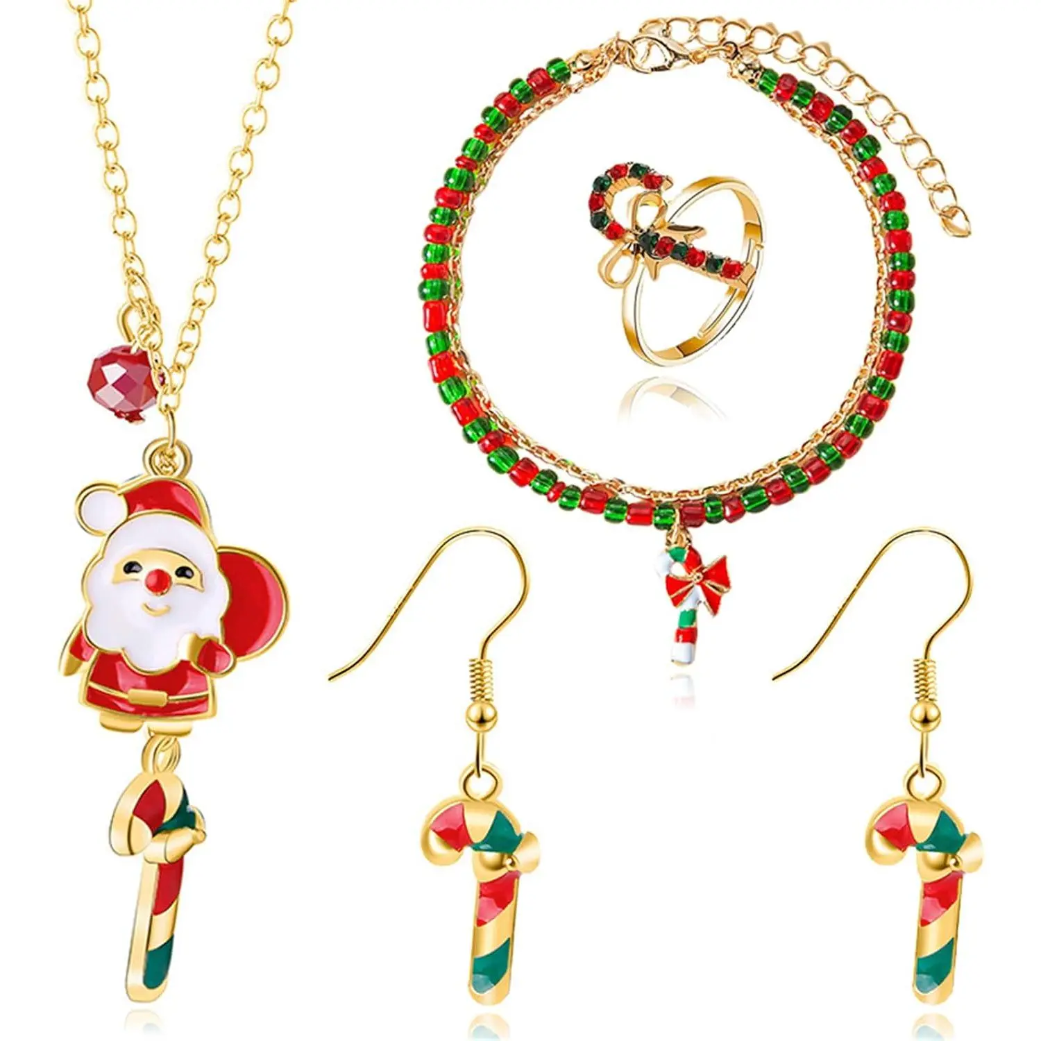 4 count Christmas  set for Women Colorful Wreath  Christmas Candy Holiday Heartwarming Novelty Gifts Includes Necklace Bracelet Earring Ring Suitable For Christmas Party Gifts