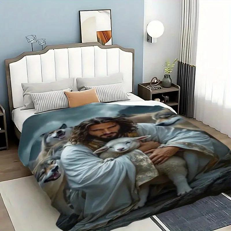 God's Redemption Jesus Sheep Design Flannel Blanket Digital Plush Nap Blanket Soft Warm for All Seasons Ideal for Sofa Office Travel Camping Bed Use