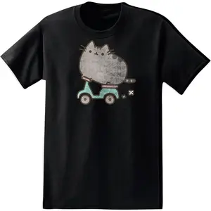 Pusheen The Cat Scooter Adult T-Shirt - Black (Large) Pusheen the Cat Riding a Scooter Vintage-Style Graphic Tee Unisex Cute Kawaii Short Sleeve Crew Neck Casual Top