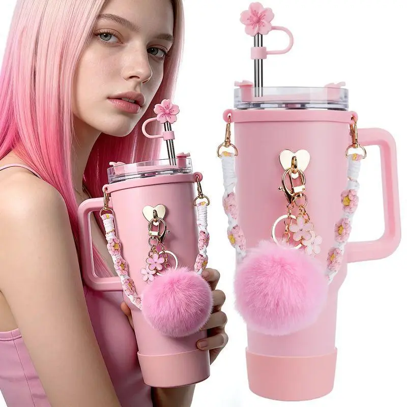 7PCS Tumbler Accessories Set for Stanley 30oz/40oz, Cute Cup Decorations with Bow Straw Topper, Silicone Boot, Handle Chain, Pom Pom Charm, Holiday Gift for Her