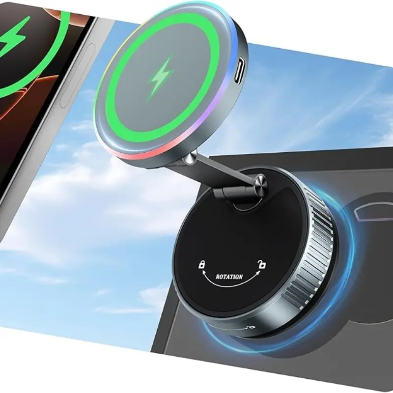 Car Wireless Charger Phone Holder, 360° Rotating Vacuum Suction Cup, Magnetic Phone Holder with RGB Lighting for iPhone 17-12