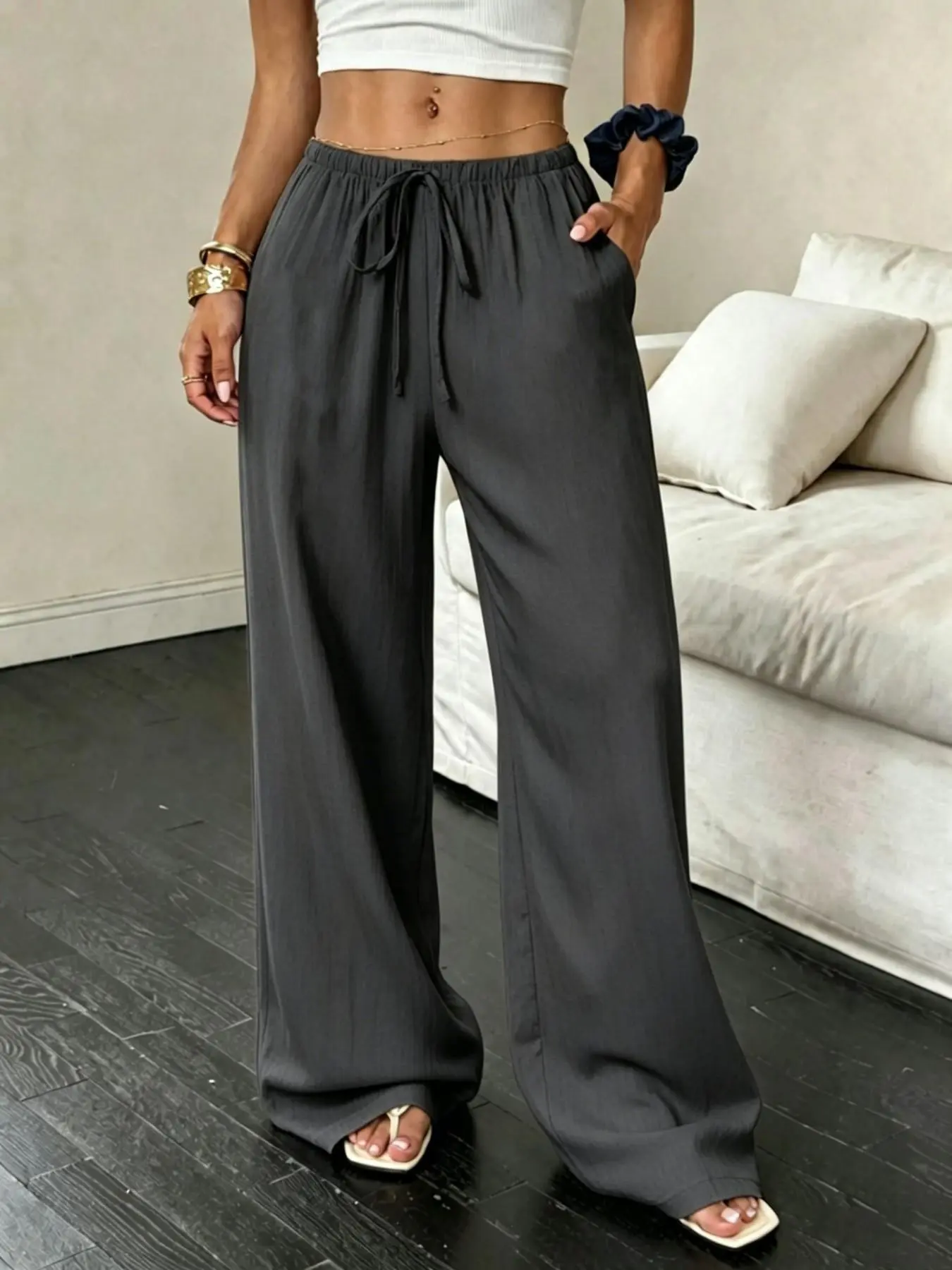 High Waist Adjustable Drawstring Elastic Band Breathable Wrinkle Free Flow Wide Leg Palazzo Trousers Women Loose Fit Pocket Pants Daily Casual Streetwear Beach Vacation Lounge Lightweight Soft Flowy Bottoms