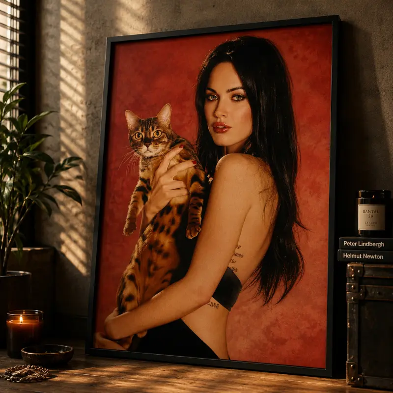 [No Frame] Megan Fox & Cat Unframed Photo Print, 90s Aesthetic Canvas Graphic Print, Otaku Style Cute Wall Decoration, Waterproof High-Color-Accuracy Hot Actress Artwork, Minimalist Hanging Gift for Girls' Rooms