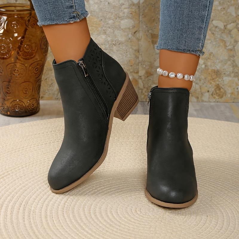 [Chunky Mid-Heel Ankle Boots] Comfortable & Durable Women's Chunky Mid-Heel Slip-On Ankle Boots | Laser-Cut Design, Round Toe, Plastic & PU Cover, All-Season Versatile Casual & Formal Footwear Girl Shoe cowgirl boots
