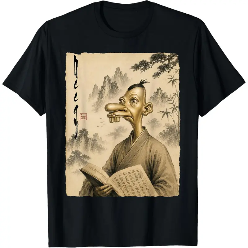 Men's Casual Round Neck Black T-Shirt - Neegy Chinese Vintage Art Brainrot Meme Sports Top, Casual Wear Humorous Tee