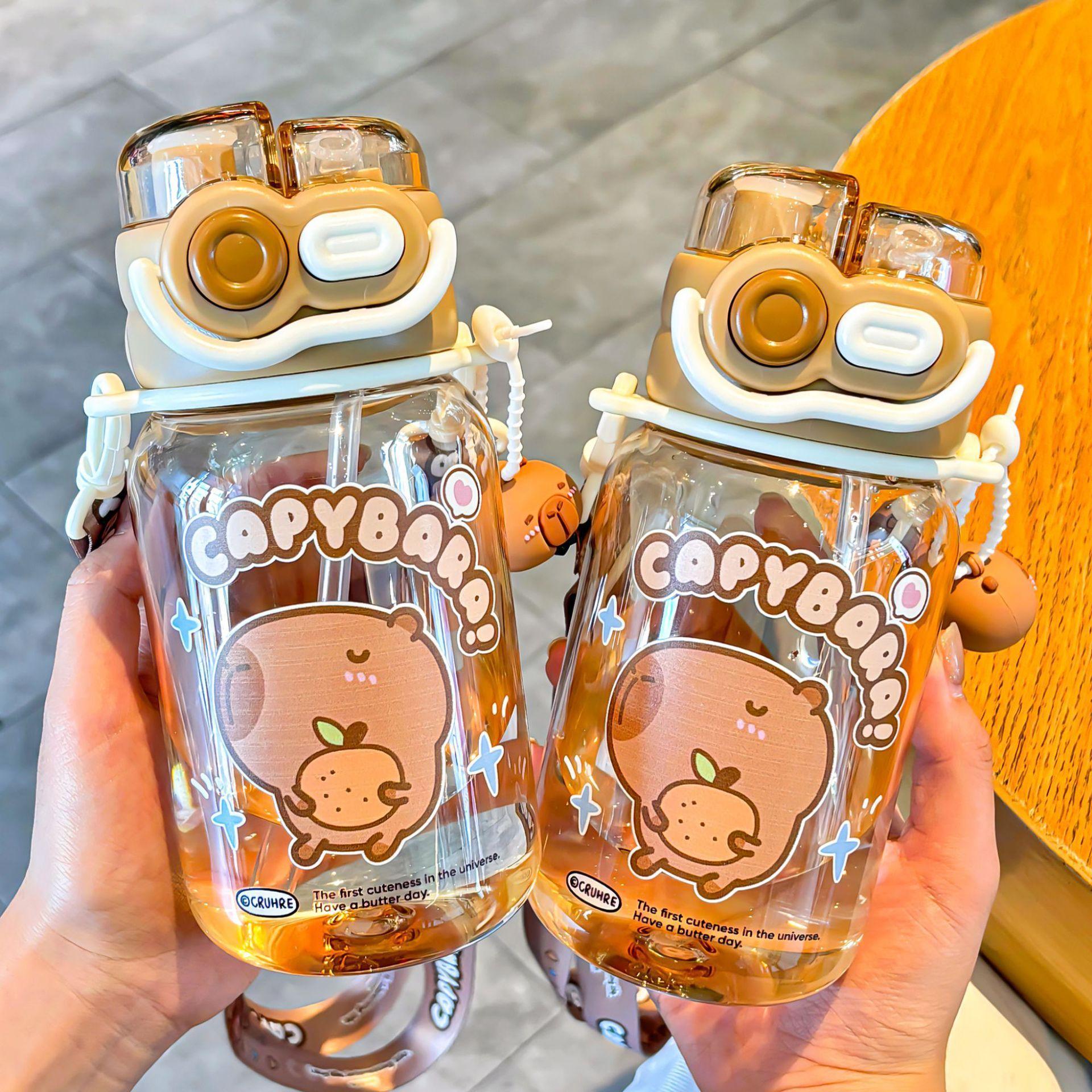 Capybara Cute Summer Kids Plastic Water Bottle for Students Girls kapibara Plastic Cup Portable Strap Children's Cup with Straw