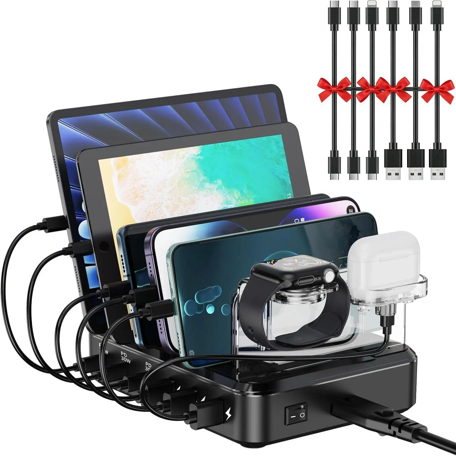 Station for Multiple Devices, 110W 6 Port USB-C  Charger Station Dock for iPad  Android Cell Phone Tablet, Family Multi-Device Organizer (6 Short Cables Included), High-Power Multi-Device Charging Adapters, Manufacturer Warrenty