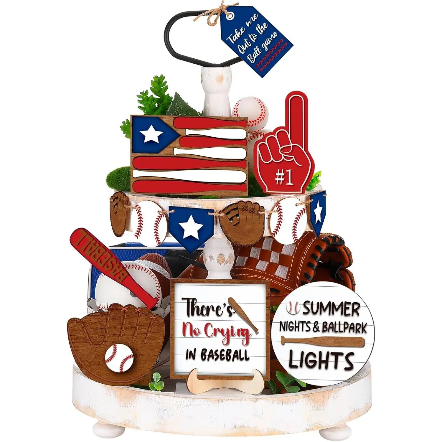 FairySandy 13-Pcs Rustic Wooden Baseball Tiered Tray Decor Set, Table Centerpieces Sport Signs Gift for Fans Theme Party Supplies, Smooth