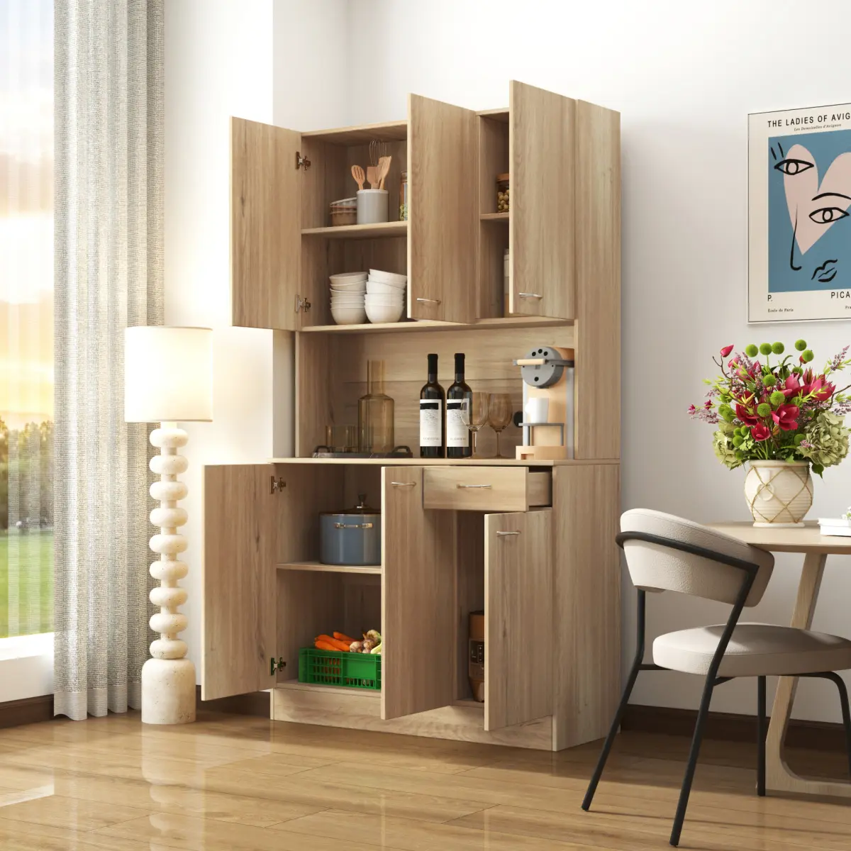 [Bellemave]70.87" Tall Wardrobe& Kitchen Cabinet, with 6-Doors, 1-Open Shelves and 1-Drawer for bedroom,Rustic Oak