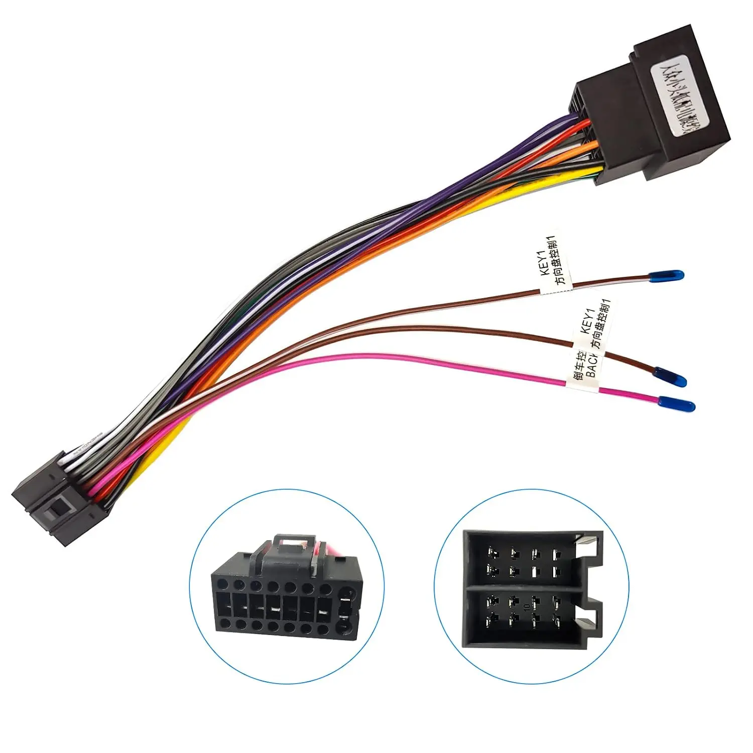 16 Pin Wiring Harness ISO Adapter for Android  Radio  ISO Standard Female Radio Connector with Steering Wheel Control Cables and Reverse Gear