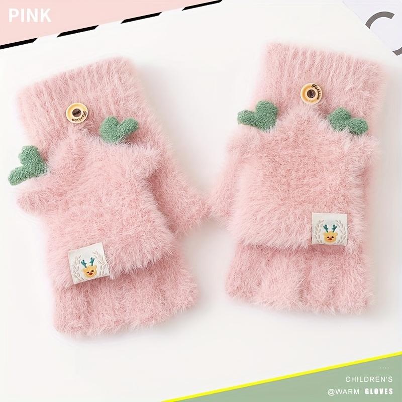 1 Pair Kids Gloves Winter Warm Thickened Flip Gloves Writing Open Finger Girl Plush Half Finger Gloves Cute Cartoon Winter Boy Five Finger Gloves Suitable for Daily Wear Outing Suitable for Children Aged 3