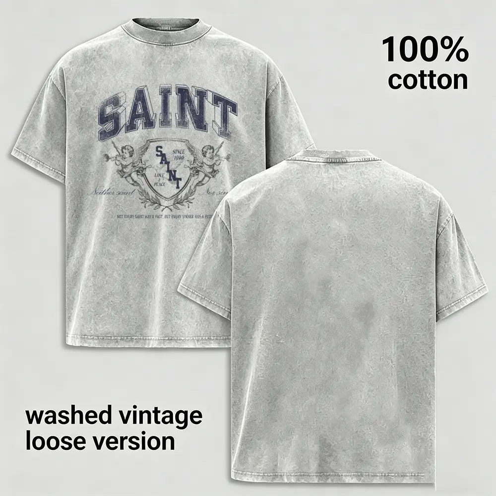Vintage Washed Saint Angel Crest Graphic T Shirt Men Loose Oversized 100% Cotton Streetwear Tee Perfect Gift For Guys