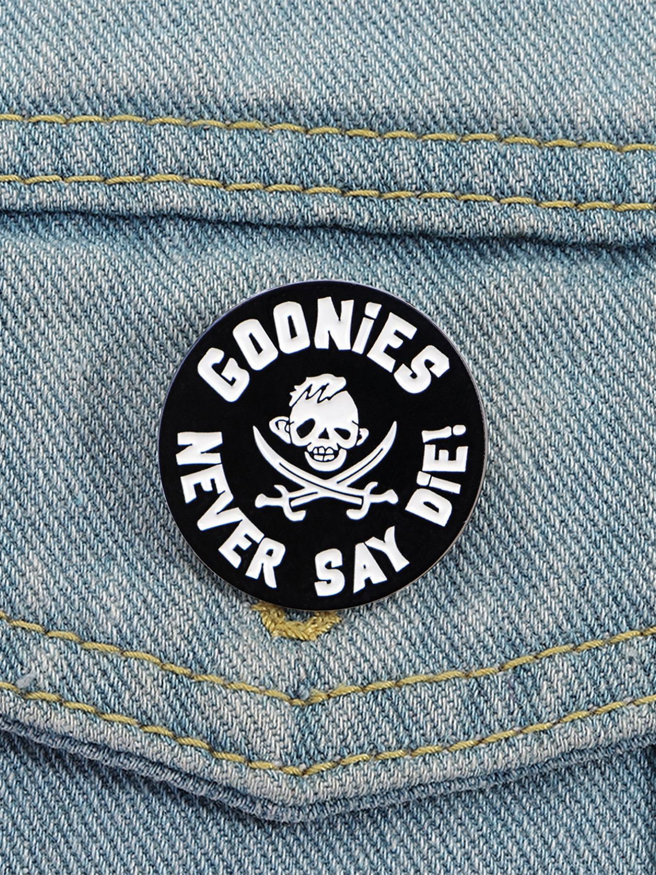 Goonies Never Say Die! Pirate Theme Flag Badge, Vintage Skull Dual Sword Design, Ultimate Collectible for 80s Fans, Engraved Slogan, Nostalgia