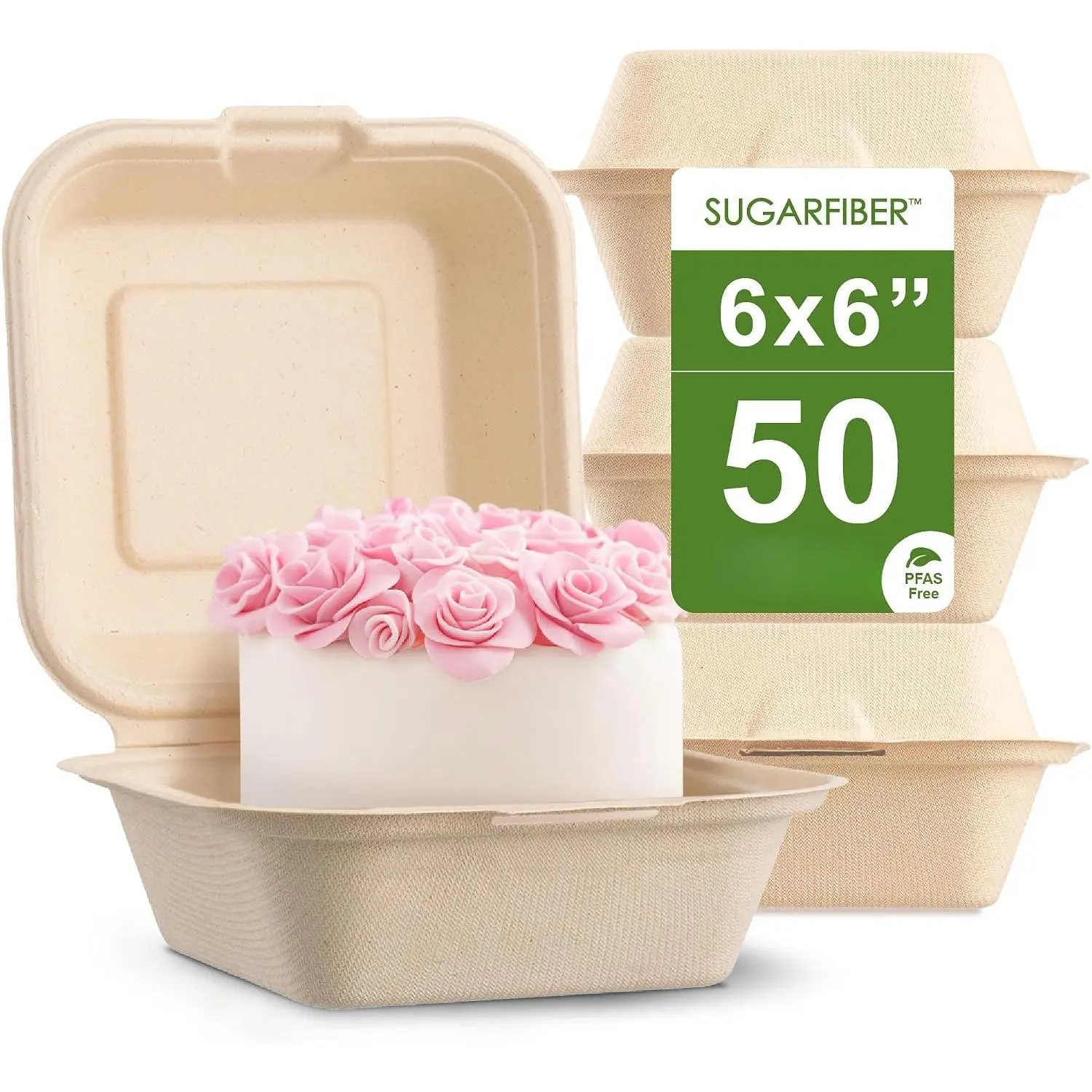 6x6 Inch Nature-Based Hinged Clamshell Take-Out Containers, 4 Inch Sugarcane Bagasse Sugarfiber Disposable Heavy-Duty Bento Cake/Burger Containers for Take-Out Meals, Microwave-Safe
