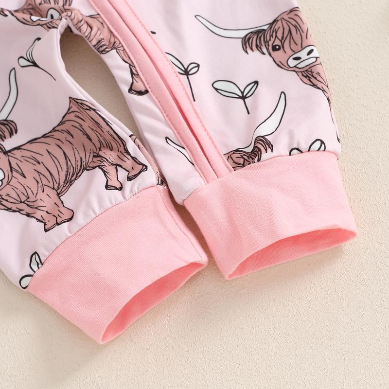 Country Baby Clothes Boy Girl Western Highland Cow Print Long Sleeve Romper Zipper  Jumpsuit Spring Fall Outfit 0-12M